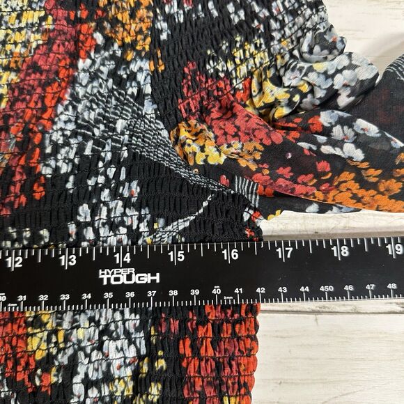 Anthropologie Akemi + Kin Adria Smocked Floral Blouse Size Large Black Splitneck - Picture 8 of 14